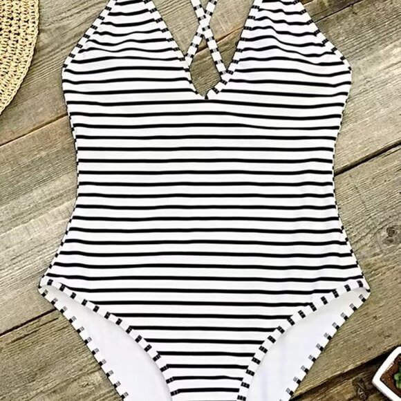 Blue Stripe One Piece Racer Back Swimsuit Bathing Suit NWT - Picture 6 of 7